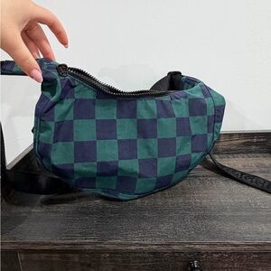 BAGGU small nylon crescent Checkered Green and Navy Crossbody Bag